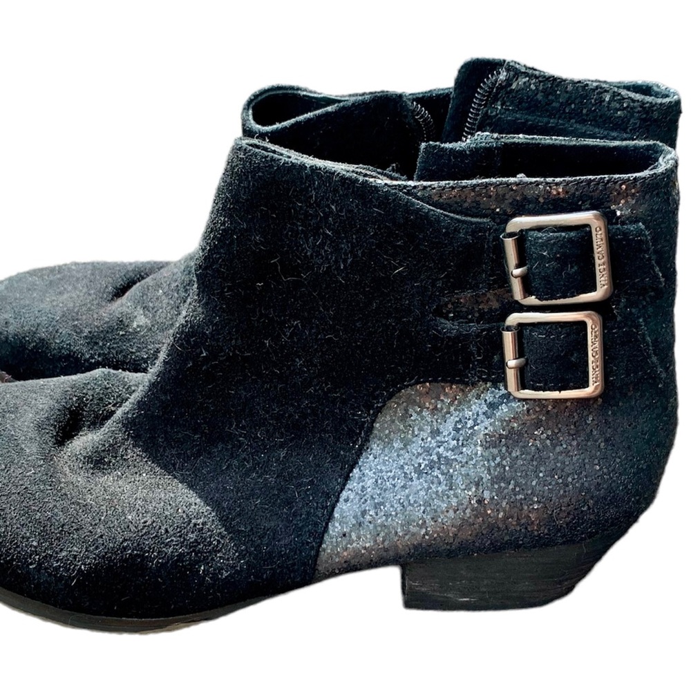 VINCE CAMUTO GLITTER BlACK SUEDE SIDE ZIP BLOCK HEEL MADELINE ANKLE BOOTS